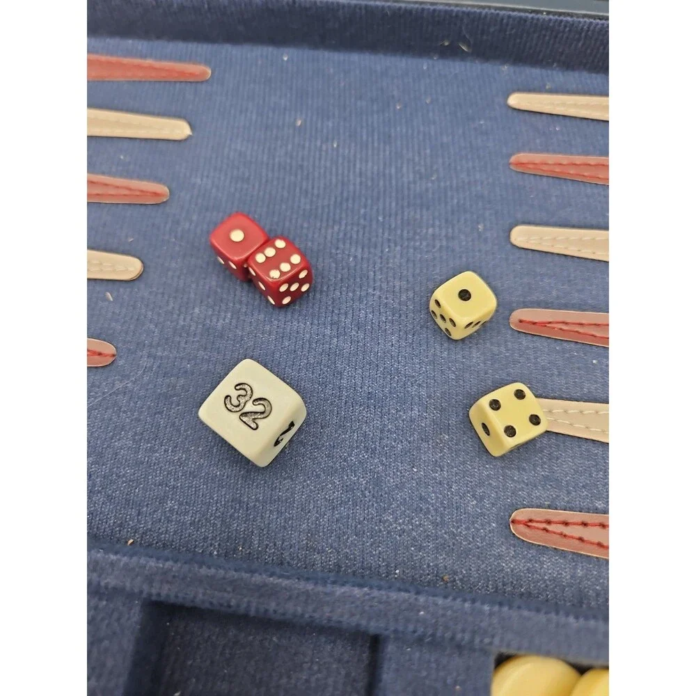 Vintage Style Backgammon Travel Set Blue Navy Case Dice Chips Folding Board